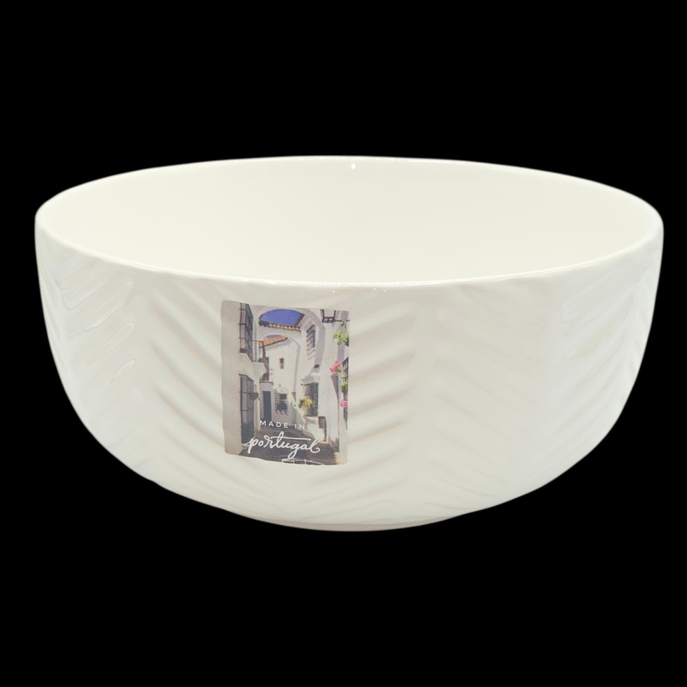 Destinos SA White Ceramic Decorative Bowl Chevron Embossed Made In Portugal 8.7"